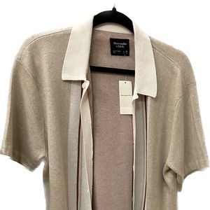 Border stripe button through sweater polo. Cream (beige-ish) color.